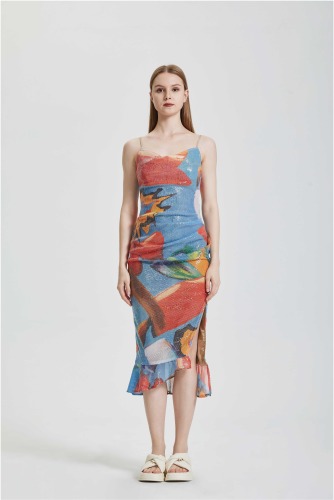 Tea Break Sexy Printed Strap Split Dress