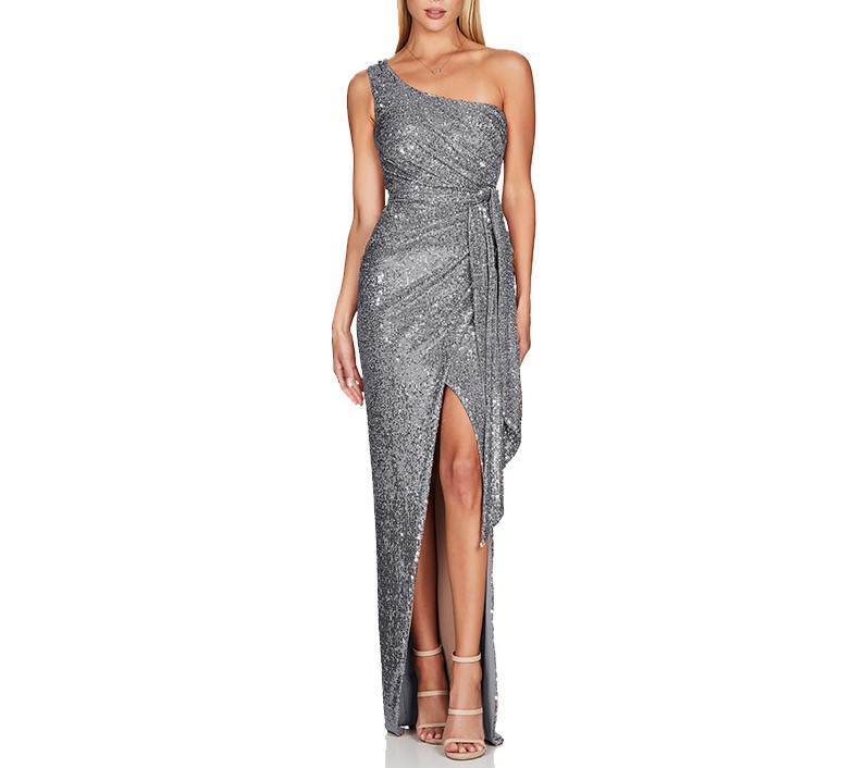 Diagonal Shoulder Sequin Slit Dress