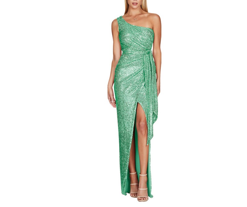 Diagonal Shoulder Sequin Slit Dress