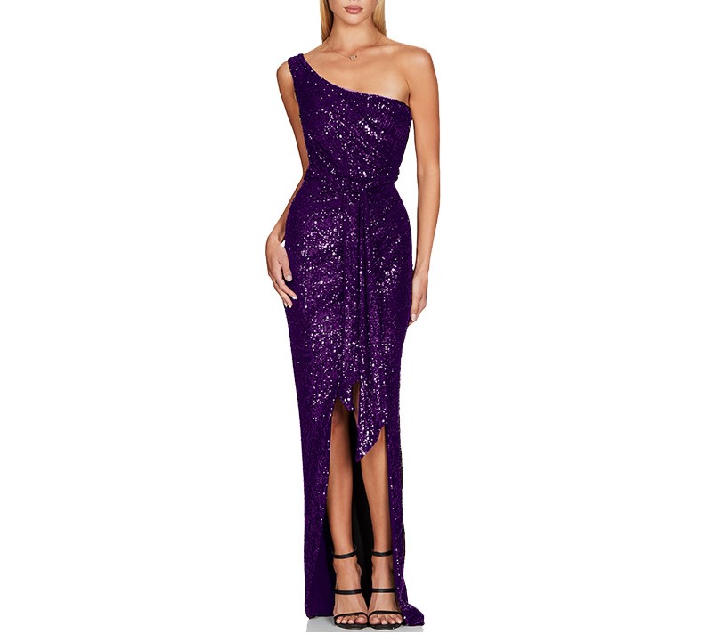 Diagonal Shoulder Sequin Slit Dress