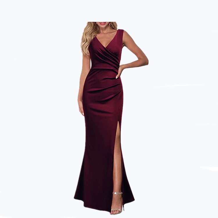 Sexy V-neck Solid Fit Split Dress