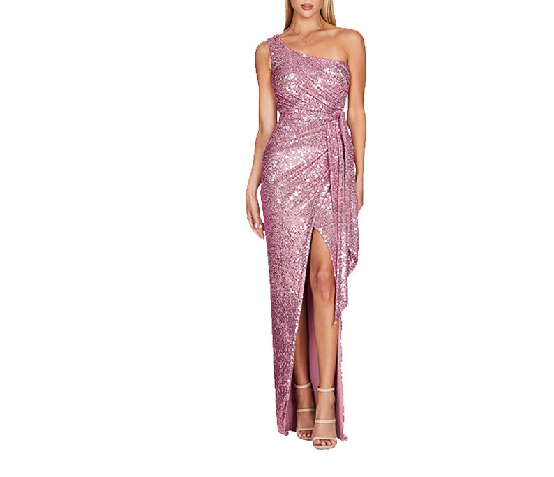 Diagonal Shoulder Sequin Slit Dress