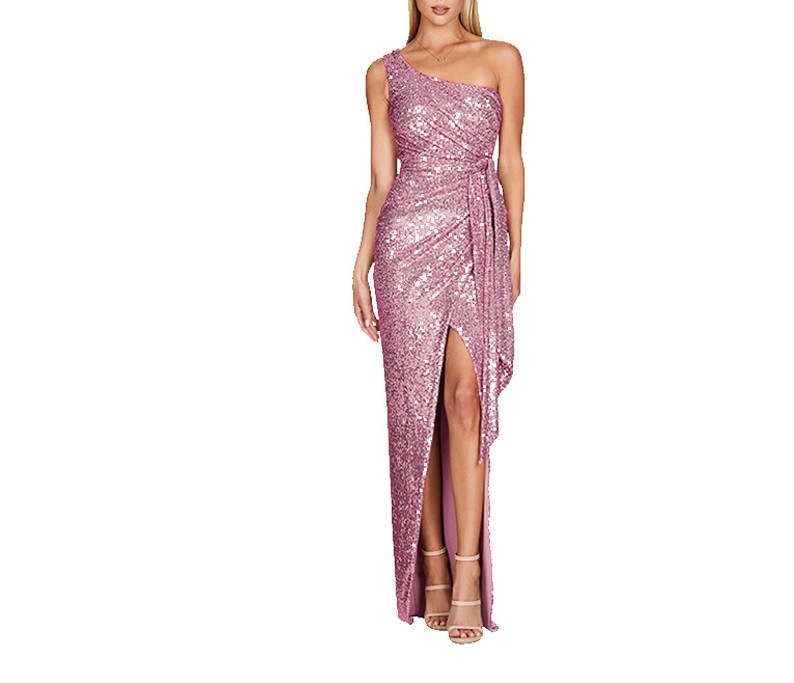 Diagonal Shoulder Sequin Slit Dress