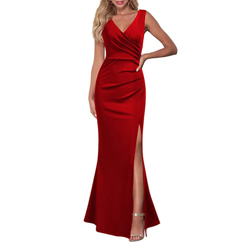 Sexy V-neck Solid Fit Split Dress