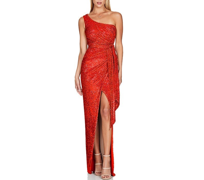 Diagonal Shoulder Sequin Slit Dress