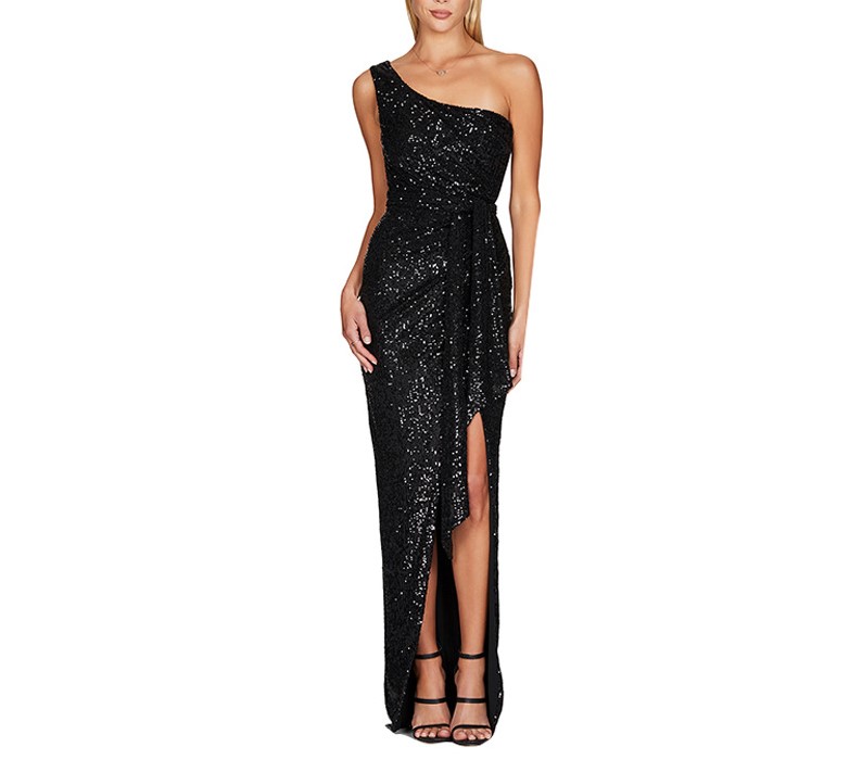 Diagonal Shoulder Sequin Slit Dress