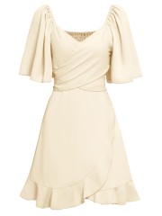 V-neck Solid Ruffle Dress