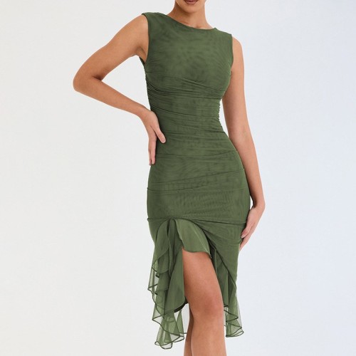 Sleeveless Open Back Pleated Dress