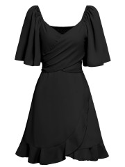 V-neck Solid Ruffle Dress