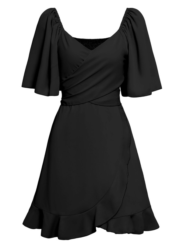 V-neck Solid Ruffle Dress