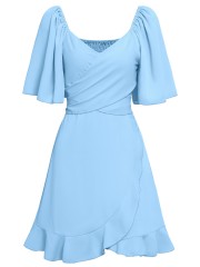 V-neck Solid Ruffle Dress