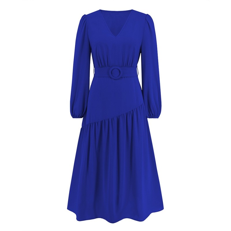 V-neck Solid Color Lace Up Dress
