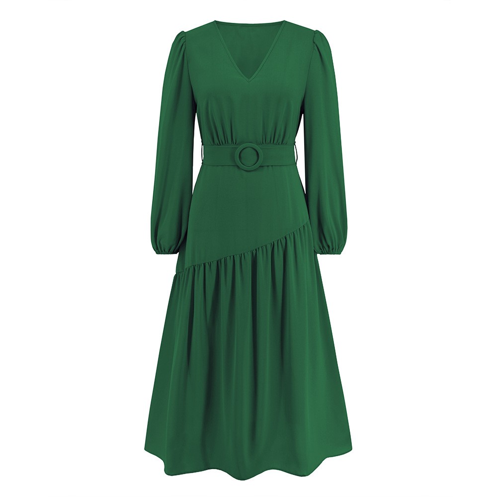 V-neck Solid Color Lace Up Dress