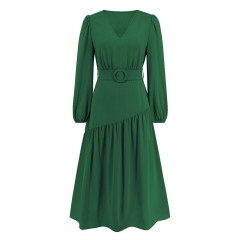 V-neck Solid Color Lace Up Dress