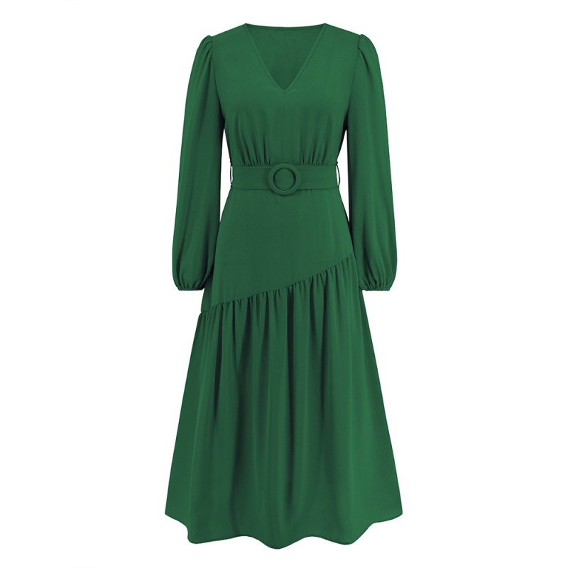 V-neck Solid Color Lace Up Dress