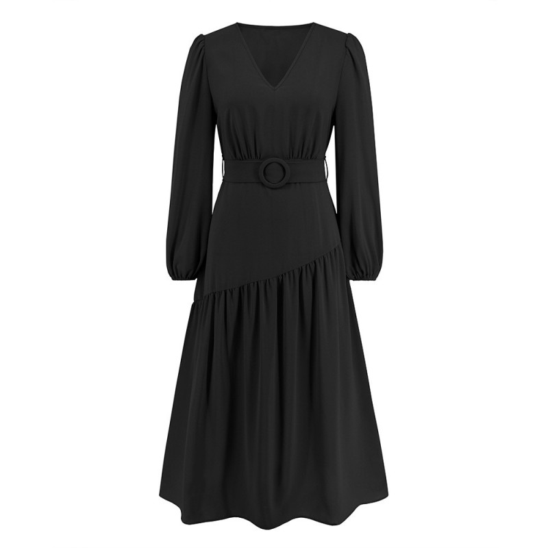 V-neck Solid Color Lace Up Dress