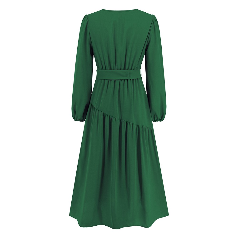V-neck Solid Color Lace Up Dress