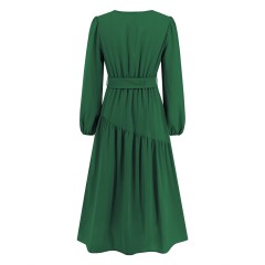 V-neck Solid Color Lace Up Dress