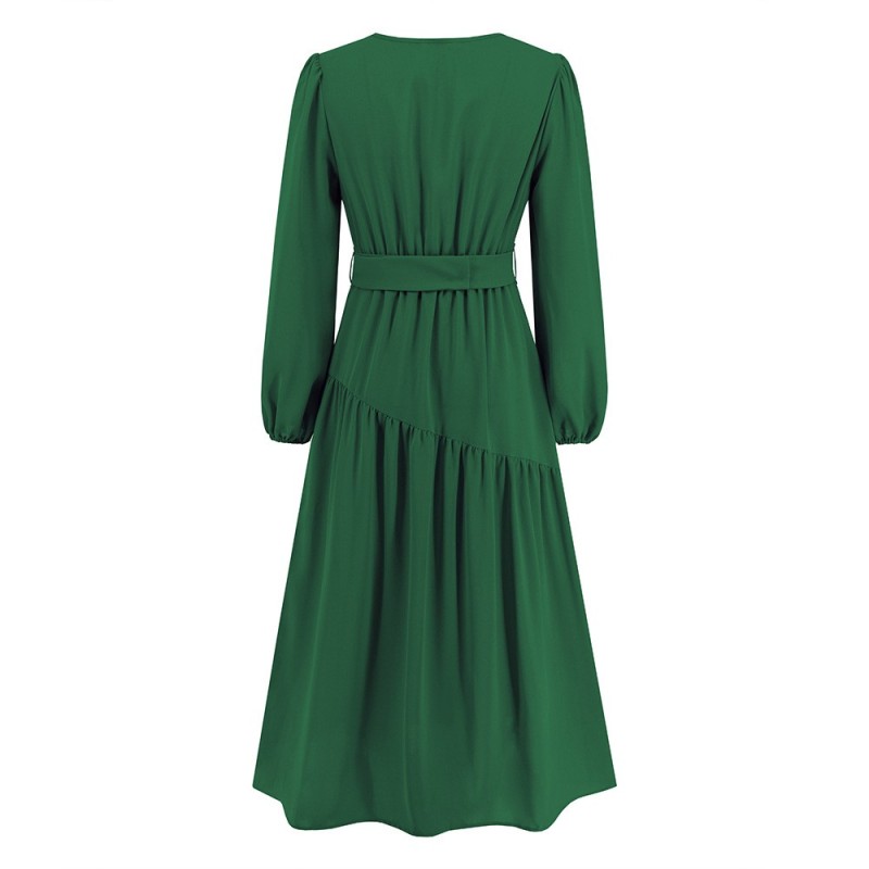 V-neck Solid Color Lace Up Dress
