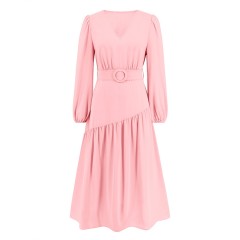 V-neck Solid Color Lace Up Dress