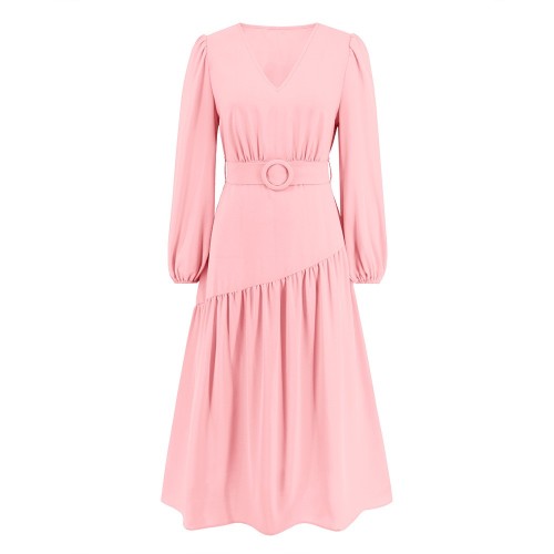 V-neck Solid Color Lace Up Dress