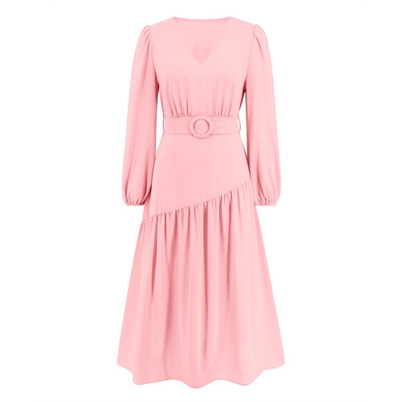 V-neck Solid Color Lace Up Dress