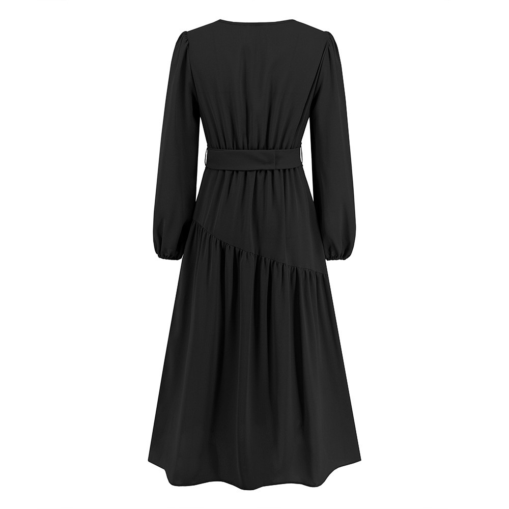 V-neck Solid Color Lace Up Dress