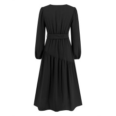 V-neck Solid Color Lace Up Dress