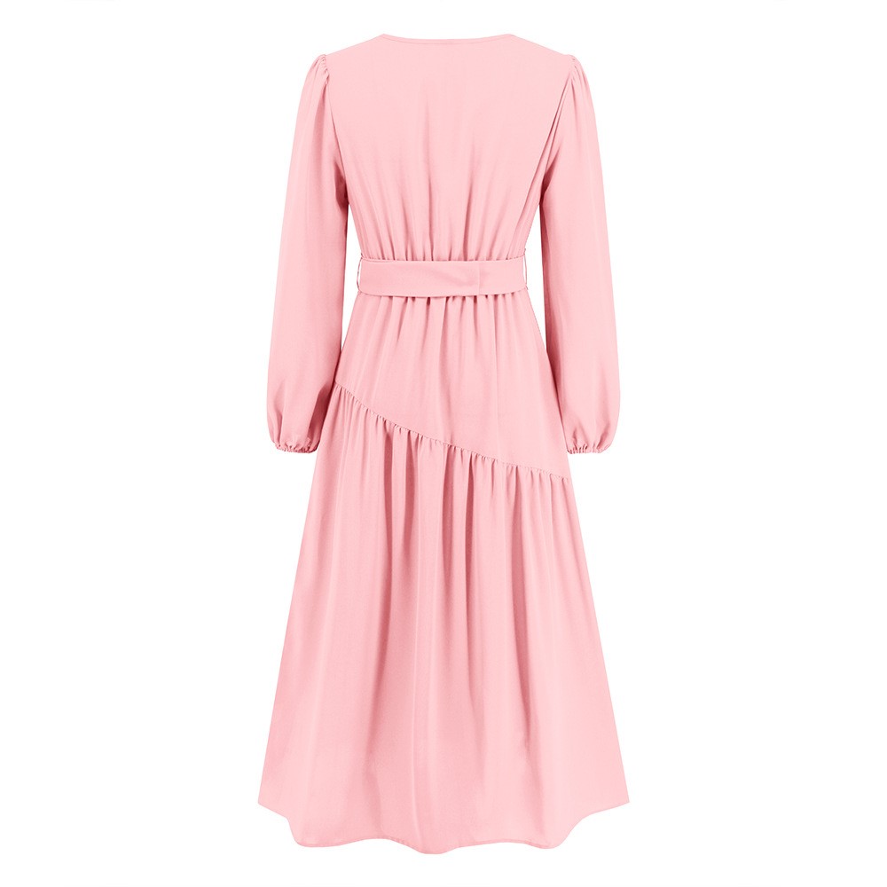 V-neck Solid Color Lace Up Dress