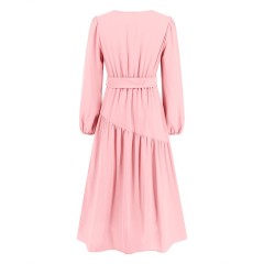 V-neck Solid Color Lace Up Dress