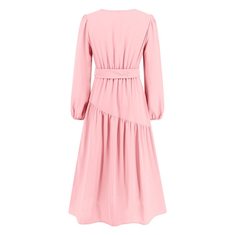 V-neck Solid Color Lace Up Dress