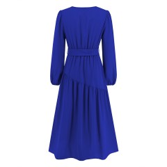 V-neck Solid Color Lace Up Dress