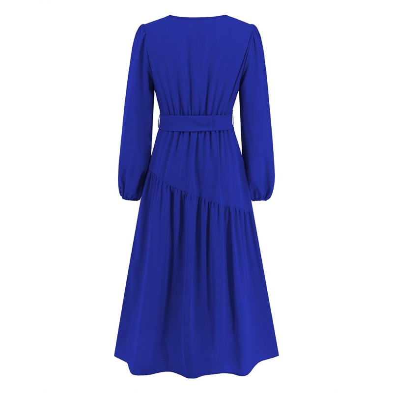 V-neck Solid Color Lace Up Dress