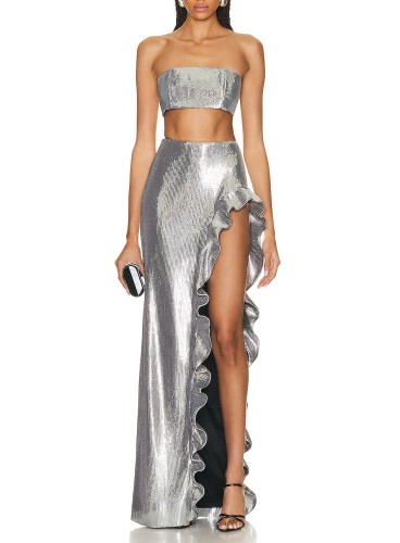 Beaded High Split Lace Skirt