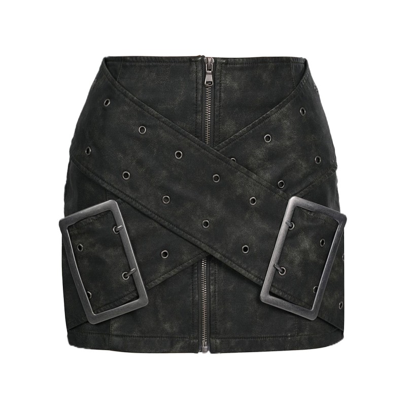 Metal Buckle PU Leather Short Skirt