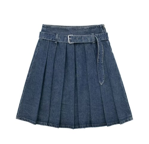 Wide Pleated Denim Skirt