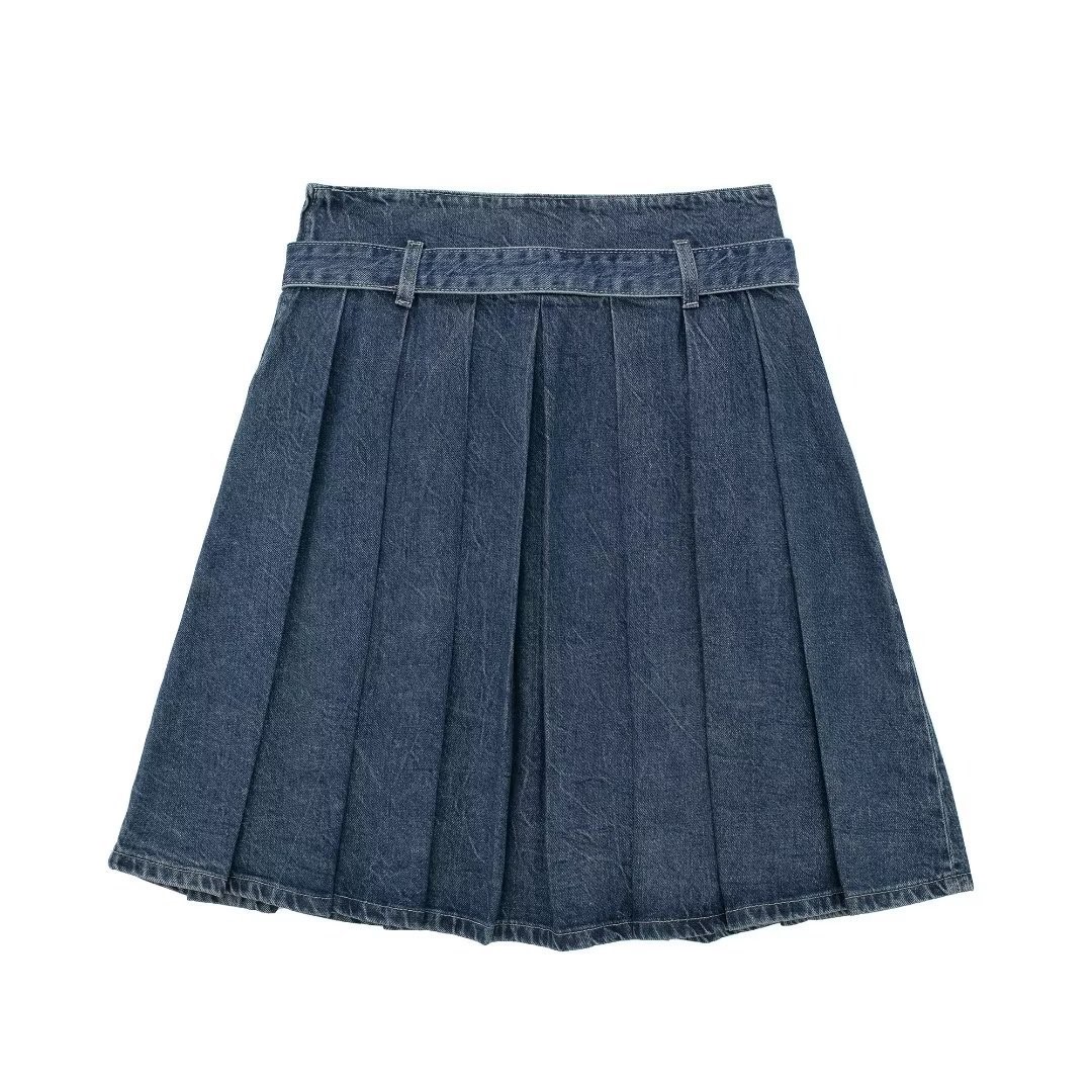 Wide Pleated Denim Skirt