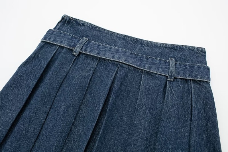Wide Pleated Denim Skirt