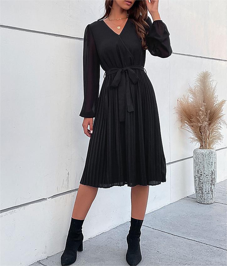 High sense solid color pleated dress