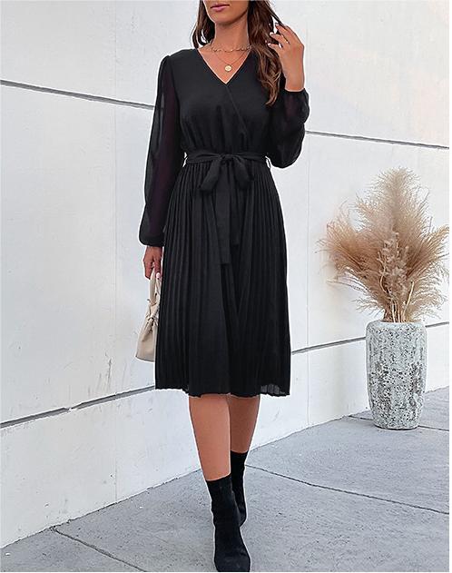High sense solid color pleated dress