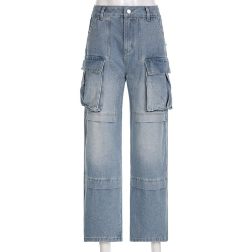 Cargo high-waisted straight-leg jeans