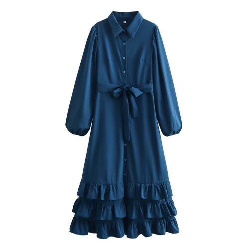 Long ruffled lapel shirt dress
