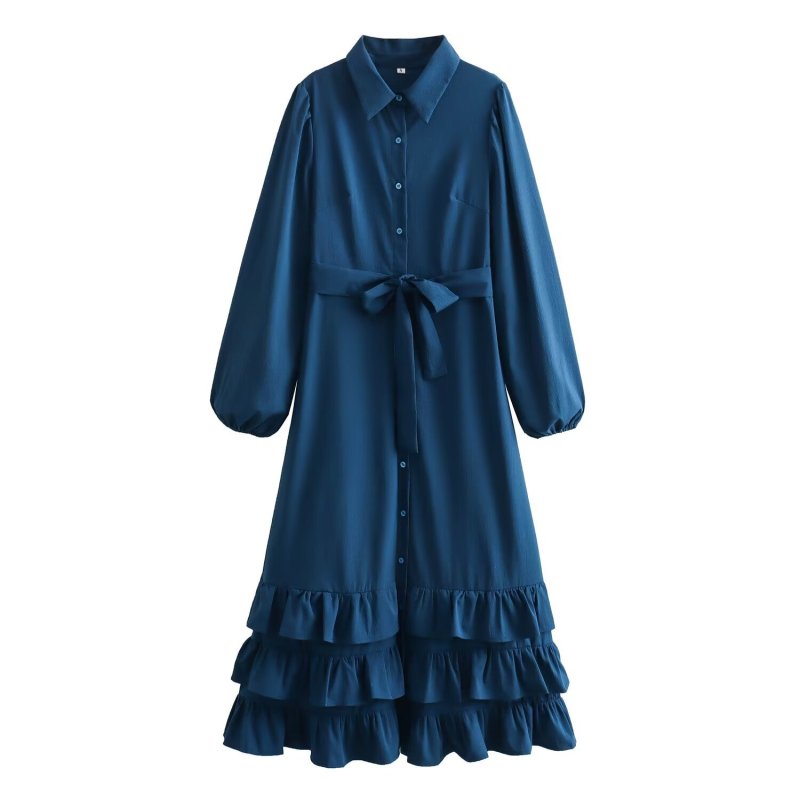 Long ruffled lapel shirt dress
