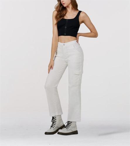 High-waisted straight-leg cargo jeans