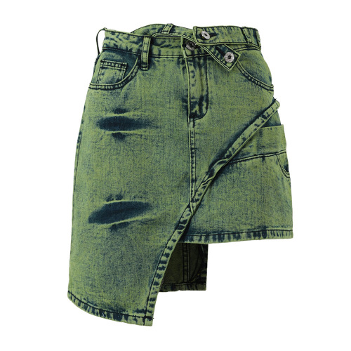 Washed green asymmetrical denim skirt