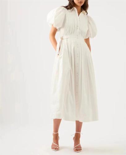 Long dress with lapel and puffy sleeves