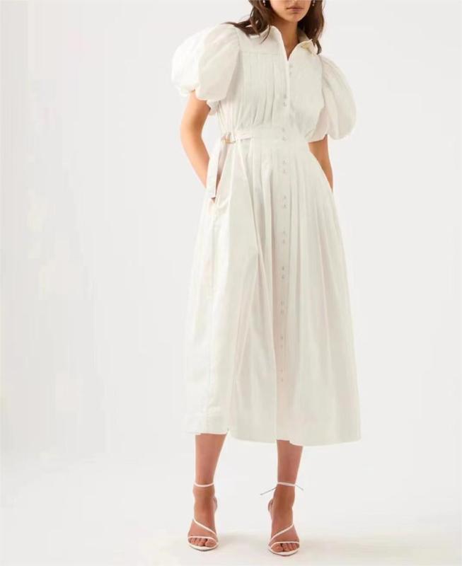Long dress with lapel and puffy sleeves