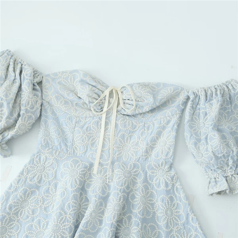 Embroidered floral dress with line neck puffed sleeves