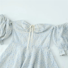 Embroidered floral dress with line neck puffed sleeves