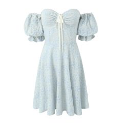 Embroidered floral dress with line neck puffed sleeves